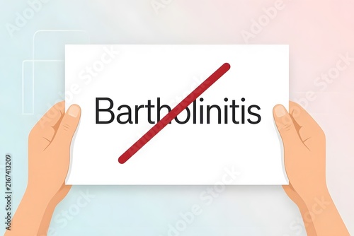 Stop bartholinitis disease concept banner. Hands holding white paper card with crossed text.