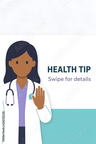  Medical mobile tip stories template. African american woman doctor with stethoscope waving hand.