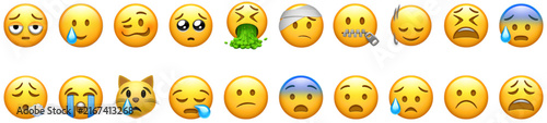 Sad and worried emoji face collection isolated on white background. Colorful emotional expressions show distress, confusion and concern for messaging, social media, stickers and digital design.