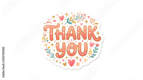 Cute hand-drawn thank you sticker with hearts and floral elements for small business packaging and gratitude messages
