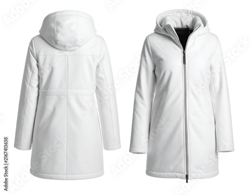 White puffer parka coat front and back view.
