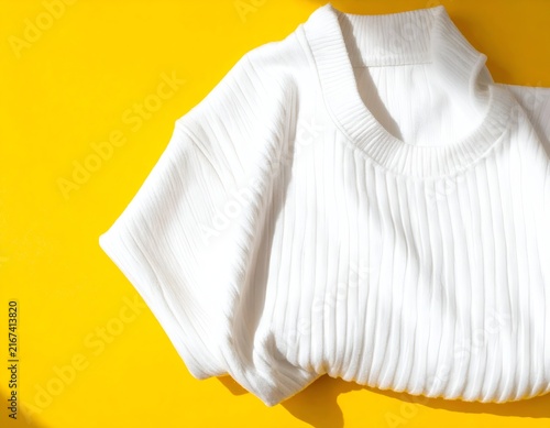 White ribbed sweater folded on yellow background.