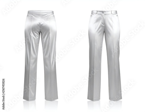 White satin dress pants front and back views.