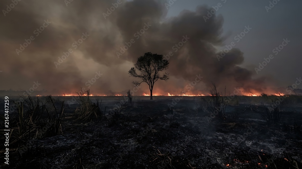 Fototapeta premium A lone tree stands silhouetted against a raging wildfire at dusk.