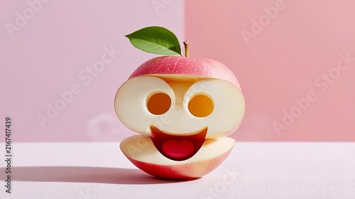 Cute Surreal Apple Character with Big Eyes on Pastel Background