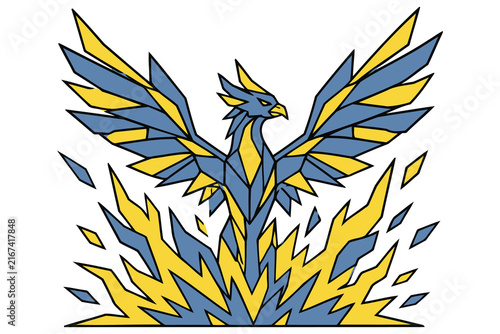 Geometric phoenix bird rising from golden fire flames Vector