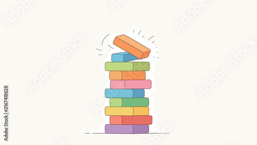 Colorful Stacking Block Tower Illustration with Toppling Orange Brick and Dynamic Lines