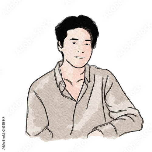 Fotografie Watercolor illustration of Jimin BTS smiling gently in a casual shirt, hand-draw