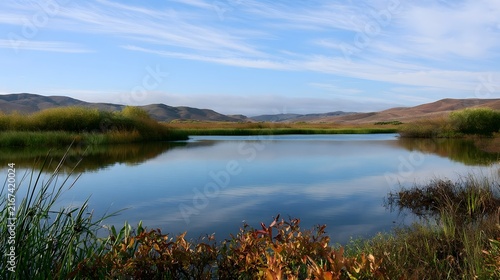 A calm lake surrounded by grassy banks and rolling hills under a blue sky with wispy clouds