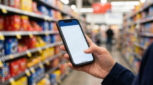 Woman checking product pricing using mobile phone application inside supermarket aisle with blurred grocery shelves in background.