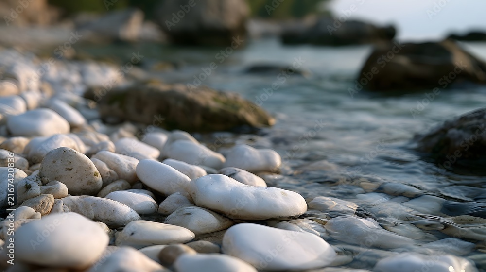 Obraz premium Smooth white pebbles rest along a calm shoreline where clear water gently laps against the stones under soft natural light
