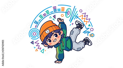 Canvas Print Cartoon Boy Breakdancing with Abstract Musical Elements