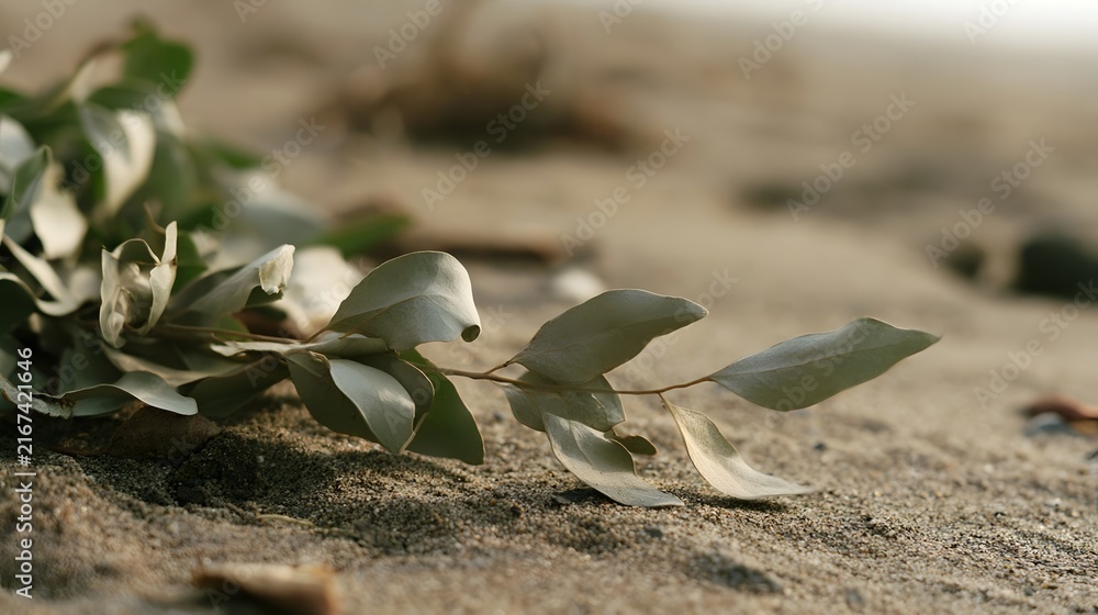 Fototapeta premium Dry eucalyptus leaves rest on textured sand under soft natural light creating a calm and earthy natural scene