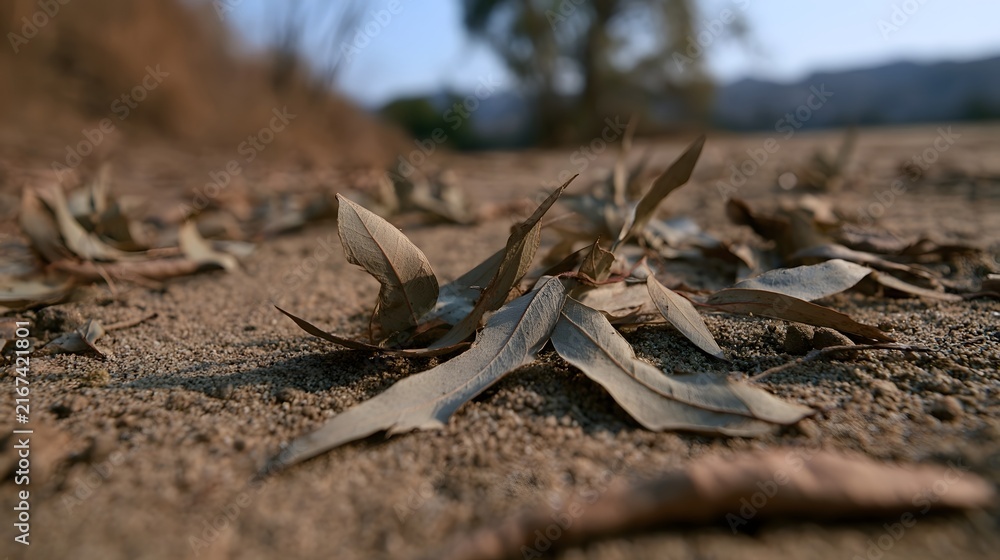 Fototapeta premium Dry eucalyptus leaves scattered across sandy ground under soft natural light in a calm outdoor setting