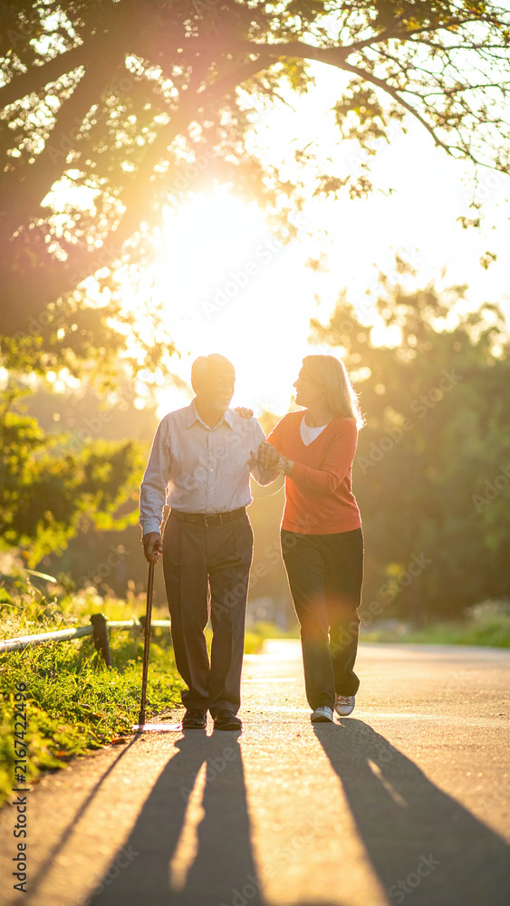 Obraz premium A heartwarming scene of an elderly father walking with his daughter at golden sunset, representing care, love, and family support. Ideal for healthcare and senior living designs.