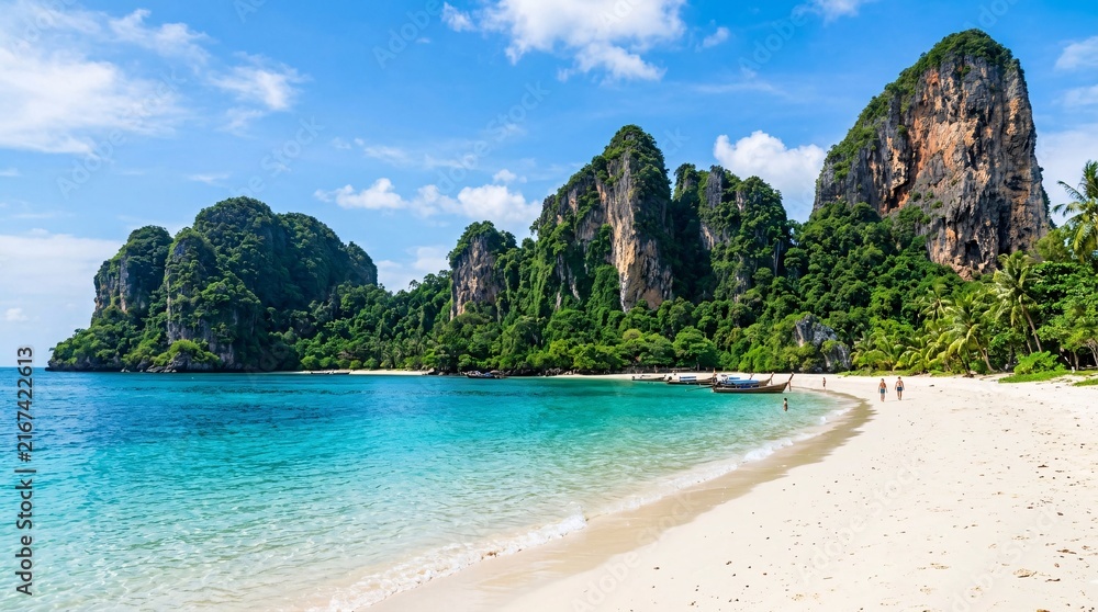 Obraz premium Tropical beach with white sand and turquoise water beside towering limestone cliffs covered in jungle vegetation with crisp detail.