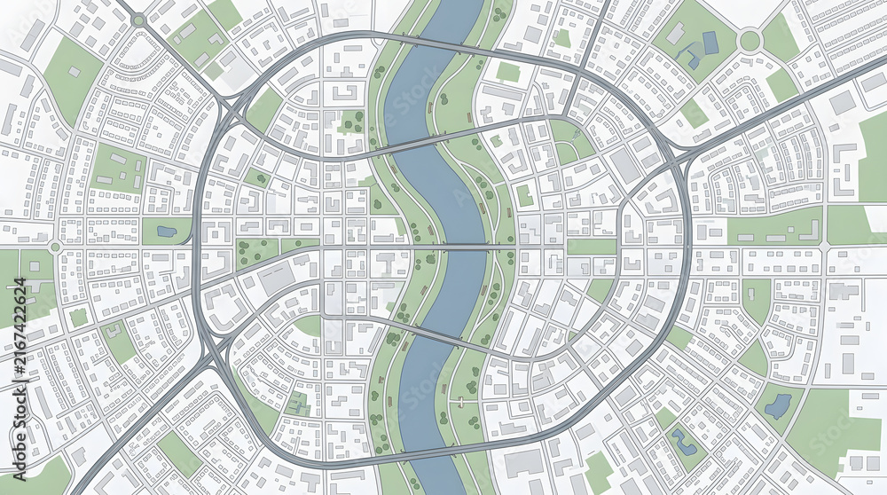 Fototapeta premium Detailed city map with river and roads in aerial view