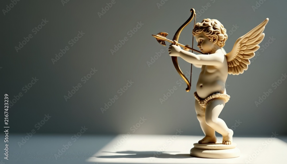 Fototapeta premium cherub statue on pedestal with bow and arrow, winged putto sculpture captured in soft directional light with sculpted details and crisp shadow, cherub statue in classical renaissance style,