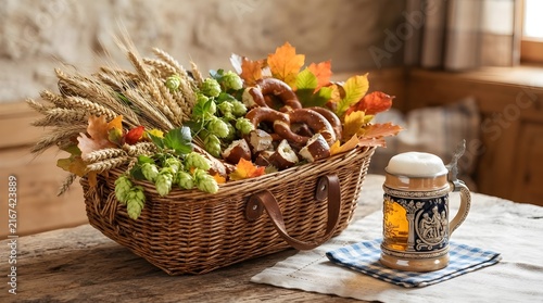 Traditional Oktoberfest Basket with Pretzels, Hops, Wheat, and Ceramic Beer Stein
