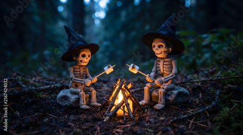 Two adorable miniature skeleton characters wearing black witch hats sitting on rocks and roasting marshmallows over a glowing campfire in a dark mysterious forest at night. Perfect for Halloween th...