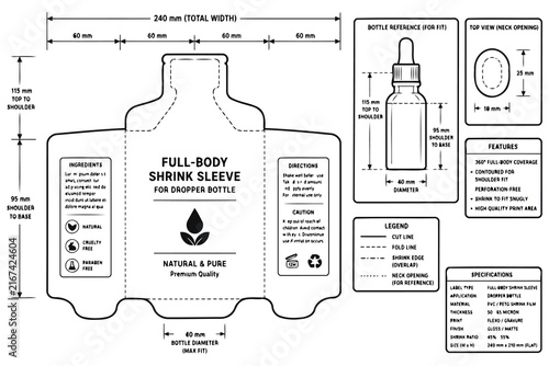 Full body shrink sleeve label template for a dropper bottle Vector