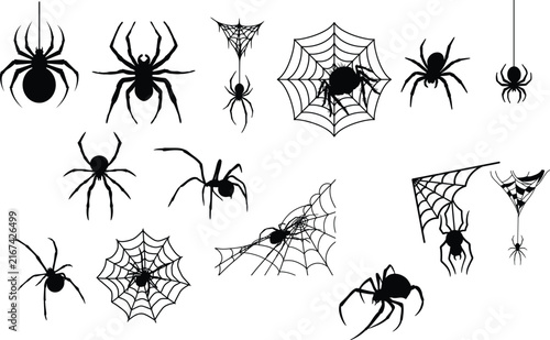 Spiders and webs icon set, Halloween symbols, black silhouettes vector illustration, isolated on white background