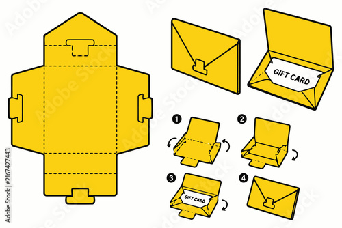 Yellow paper gift card envelope folding instruction template Vector