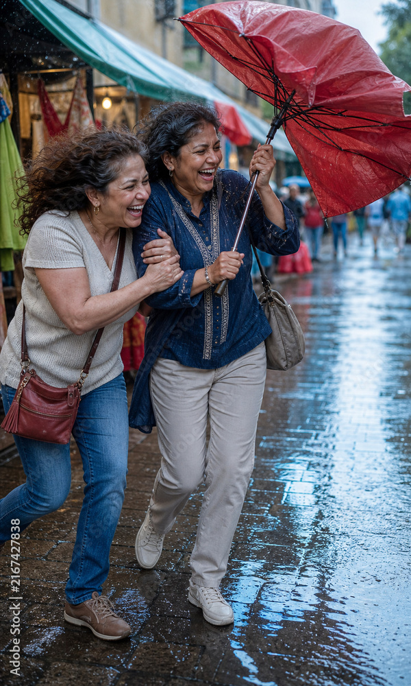 Obraz premium Two women share a joyful moment in the rain along a busy street market, laughing under a red umbrella as puddles sparkle. A candid street scene shows friendship and outdoor happiness.