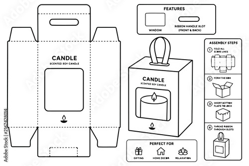 Candle gift box packaging template with assembly steps Vector
