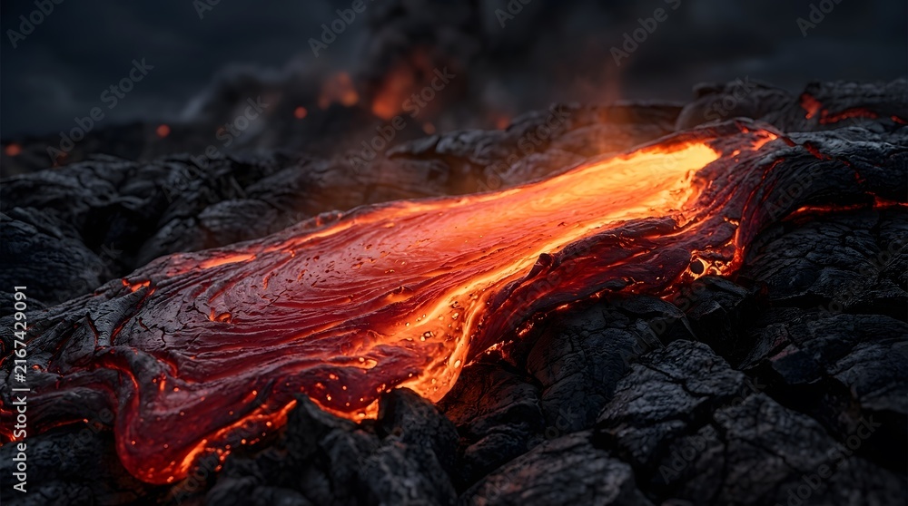 Fototapeta premium Molten lava flowing over dark volcanic rock surface in a dramatic geological eruption.