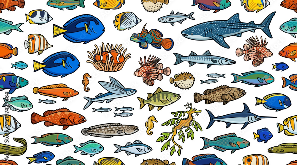 Obraz premium colorful collection of diverse tropical fish swimming in clear blue water underwater marine life