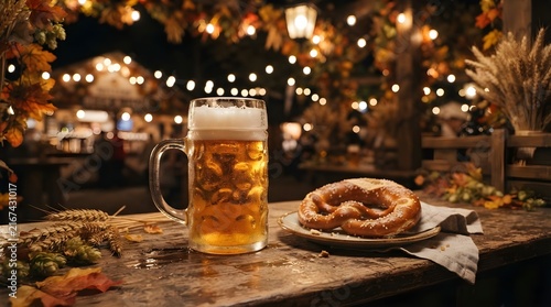 Cold Beer Glass Mug and Salted Pretzel at Evening Oktoberfest Festival