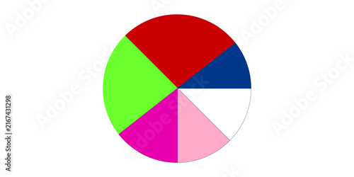 A circular divided into six colored segments: red, blue, white, light pink, bright pink, and lime green, against a black backdrop