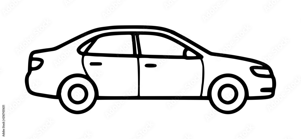 Naklejka premium Minimalist black and white vector icon of a modern sedan car from a side profile view, featuring clean lines and a simple outline design perfect for automotive branding and transportation graphics.