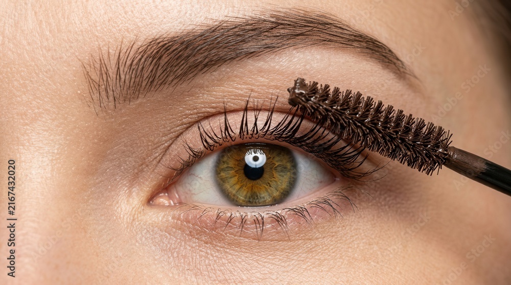 Naklejka premium Natural skin texture shown in a close up detail of a young woman applying mascara to her eyelashes with a brush.