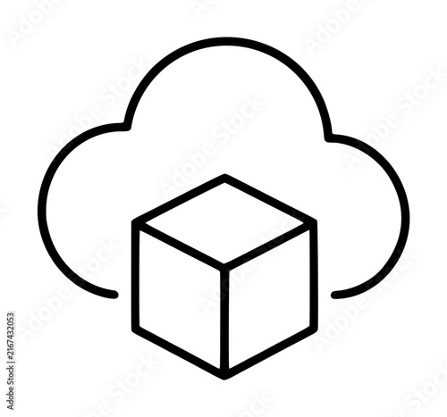 Bild auf Leinwand Minimalist vector icon illustration of a cloud computing instance featuring a clean black line art cloud with a three-dimensional cube in the foreground for data storage and web server hosting
