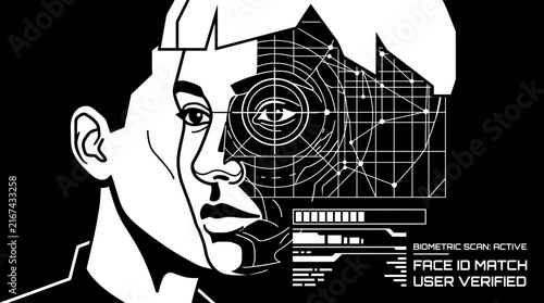 Futuristic biometric face recognition scan showing a successful user verification match on a digital interface.