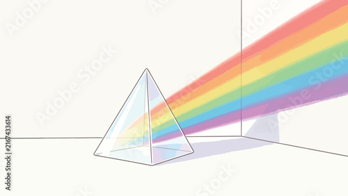 Illustration of a clear glass pyramid prism refracting white light into a vibrant rainbow spectrum beam on a