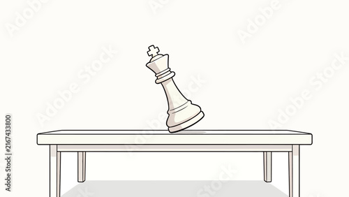 White Chess King Tipping Over on Minimalist Table in Clean Line Art Style