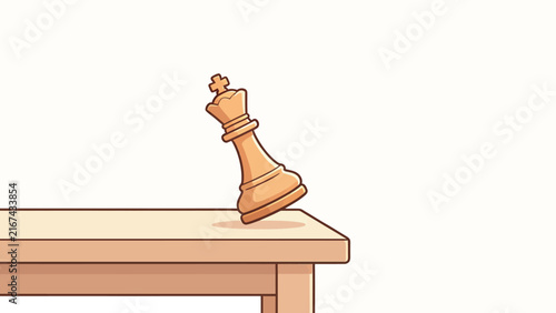 Tilted Wooden Chess King on Table Edge, Minimalist Cartoon Illustration with Clean Lines and Soft Beige Tones