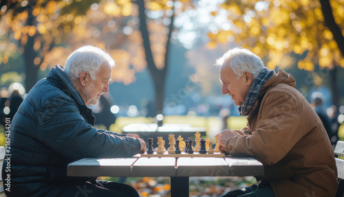 Elderly men playing chess in autumn park with focused expressions