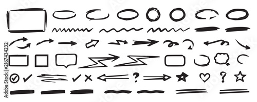 Line arrow brush doodle set. Hand drawn line arrow brush underline marker check pen highlight texture. Crayon chalk scribble circle curve star wave squiggle grunge background. Vector illustration
