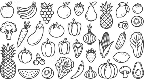 collection of hand-drawn outline fruits and vegetables healthy food icons