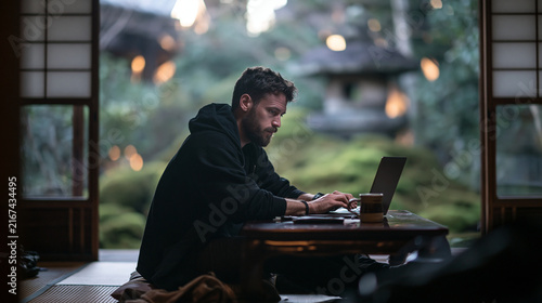 Digital Nomad Working on Laptop in Traditional Japanese House