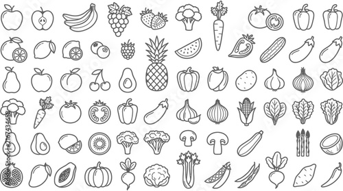 colorful healthy fruits and vegetables icons set flat design vector illustration