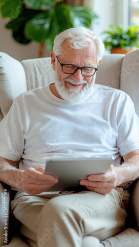 Cheerful elderly man using digital tablet in bright home setting