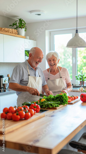 Elderly couple laughing while chopping fresh vegetables in kitchen