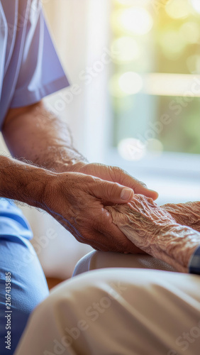 Caregiver hands holding elderly hand with tenderness and support