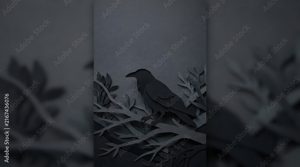 Naklejka premium Dark paper cut raven perched on branch with abstract background