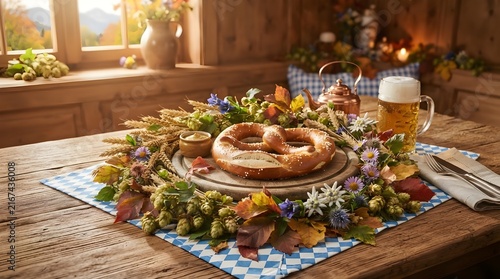 Bavarian Pretzel Wreath Setup with Mustard, Beer Mug, and Wildflowers on Wooden Table